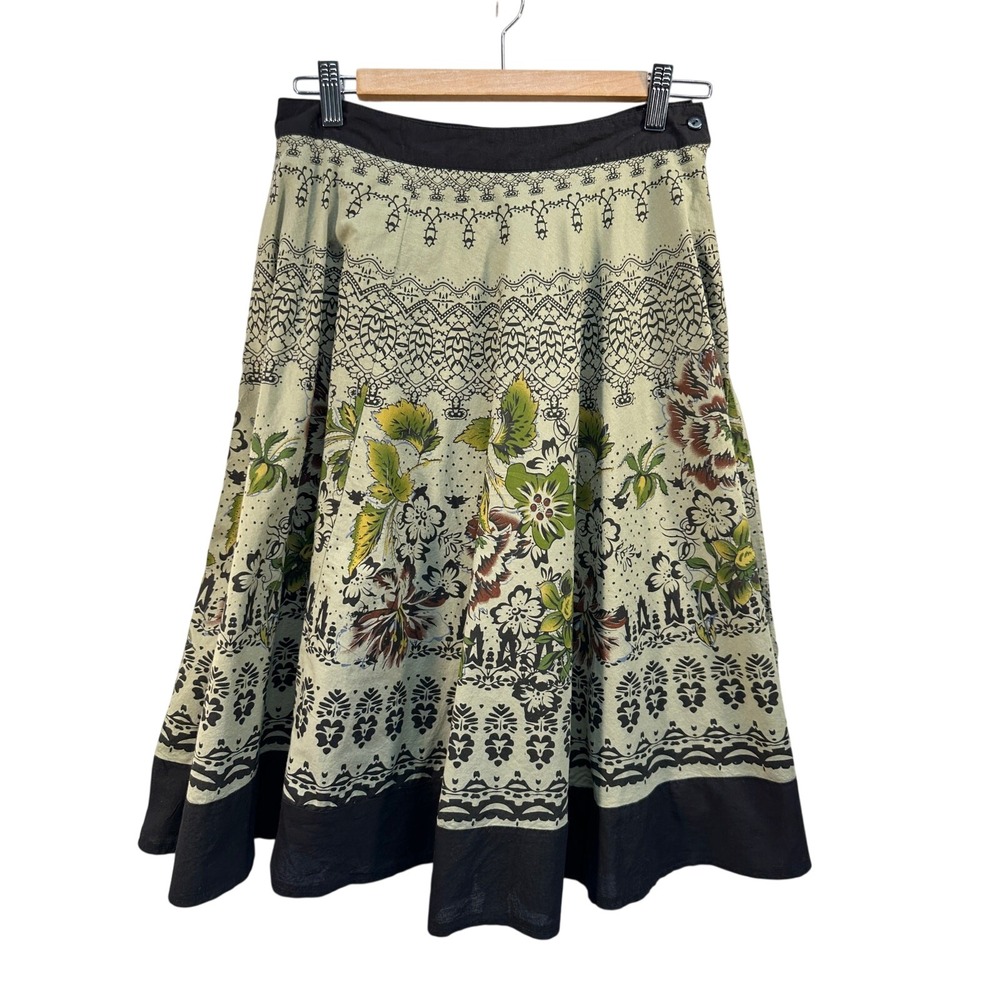 Miss Cherry Olive Green Floral Filigree A-Line Midi Skirt Black Border Size 8